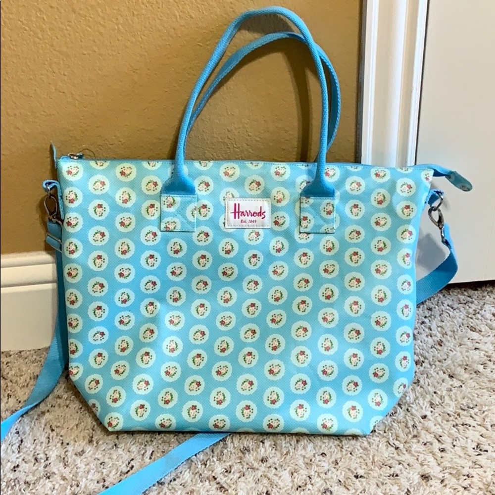 light blue floral harrods london tote bag